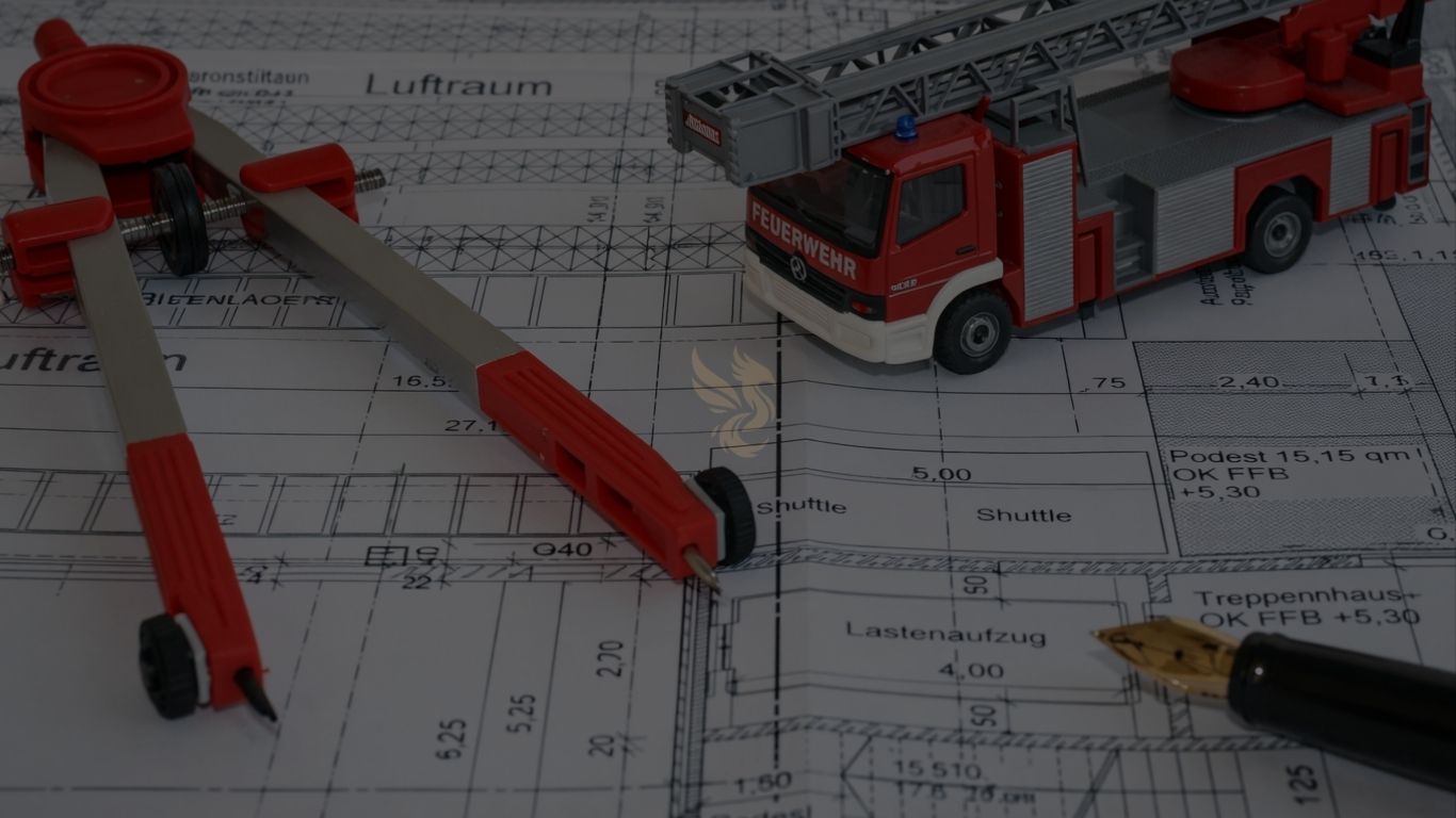 Feuerwehrfahrzeug-Modell und Planungsunterlagen zum Thema Brandschutz