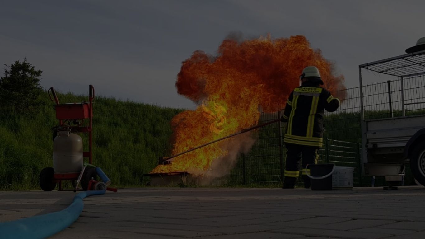 Feuerwehrkraft löscht kontrollierten Brand bei Brandschutzübung