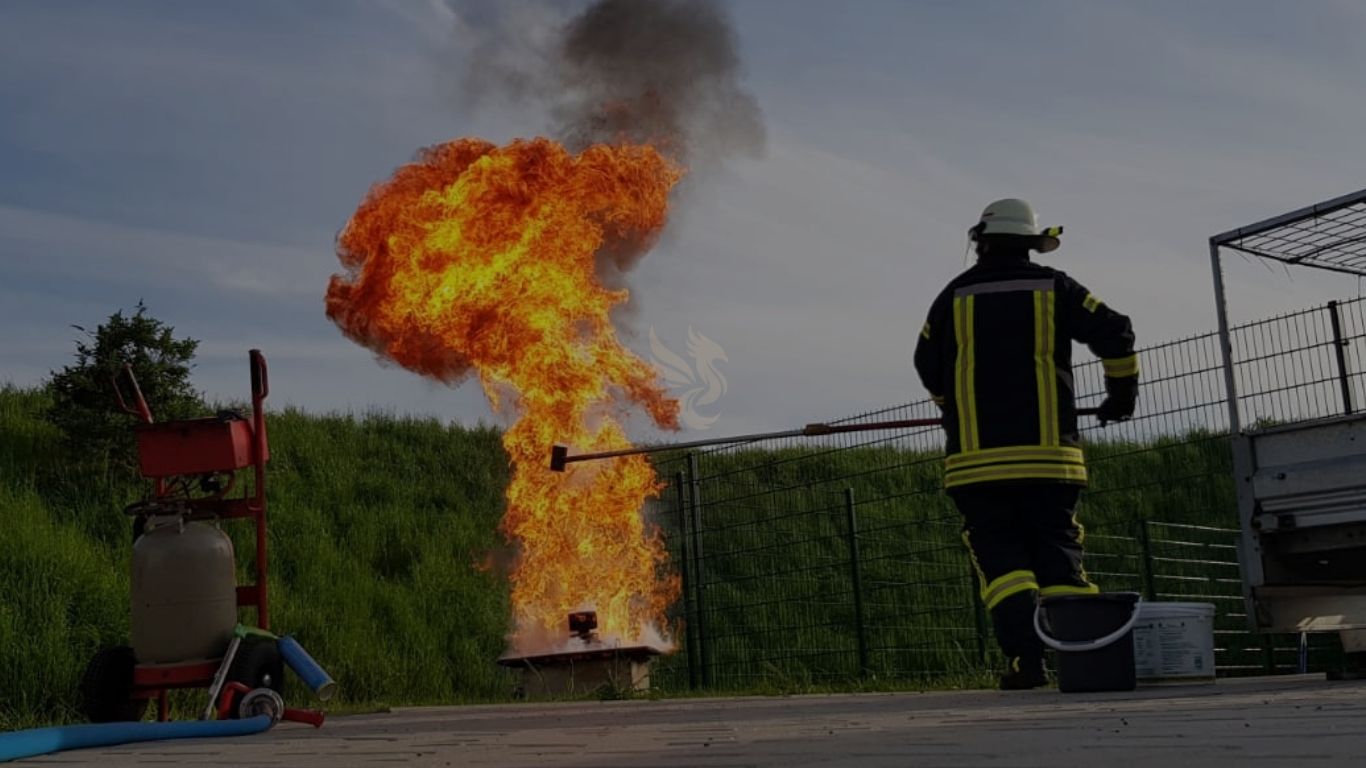 Brandschutztraining mit Flammenentwicklung und Löschtechnik im Vordergrund