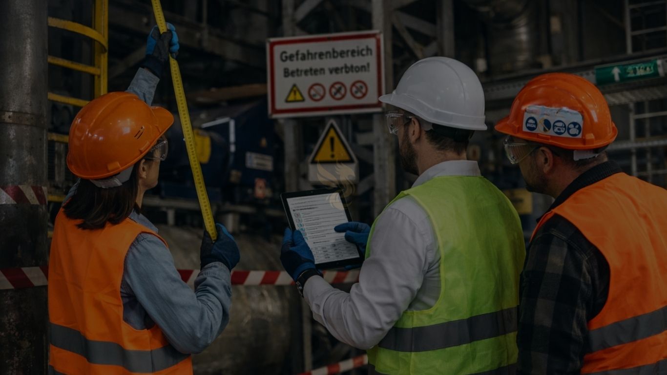 Fachkraft für Arbeitssicherheit prüft Industrieanlage mit Tablet und Maßband im Rahmen einer Gefährdungsbeurteilung