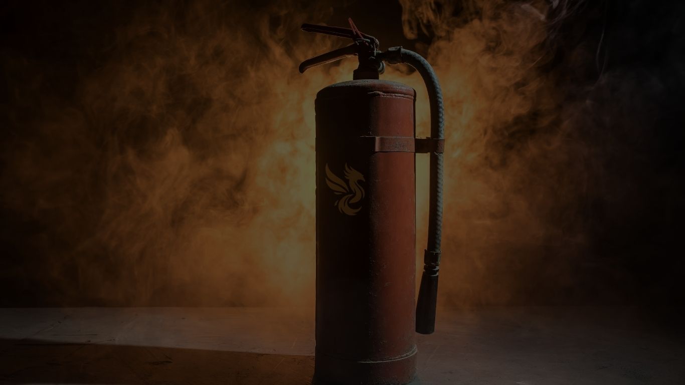 Feuerlöscher vor lodernden Flammen im Rahmen einer Brandschutzdarstellung